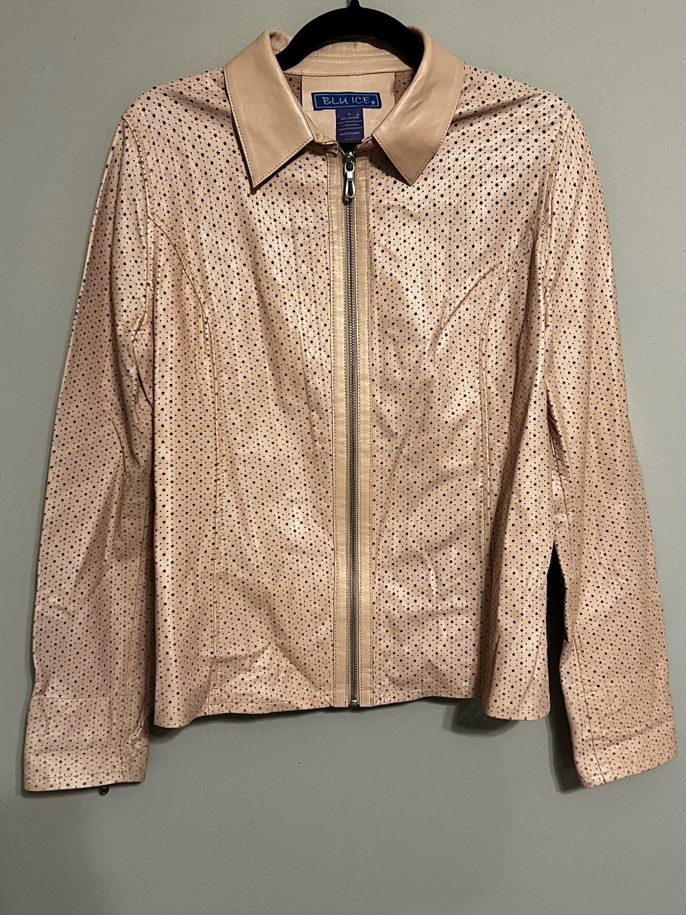 BLU ICE Genuine Italian Leather Perforated Star Zip Jacket- Beige Pink | Women M